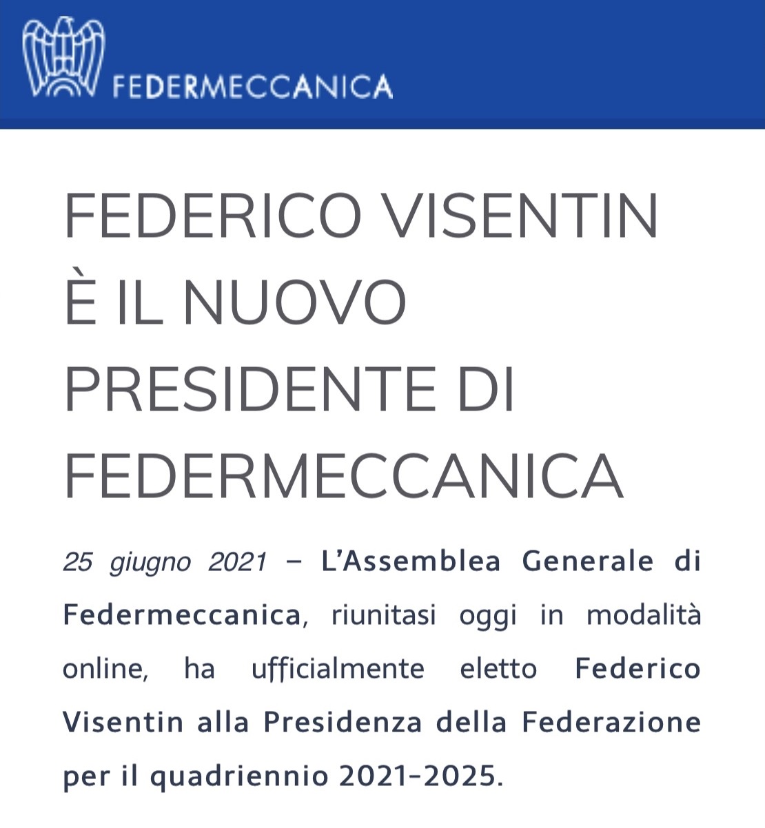 Federico Visentin è il nuovo presidente di federmeccanica